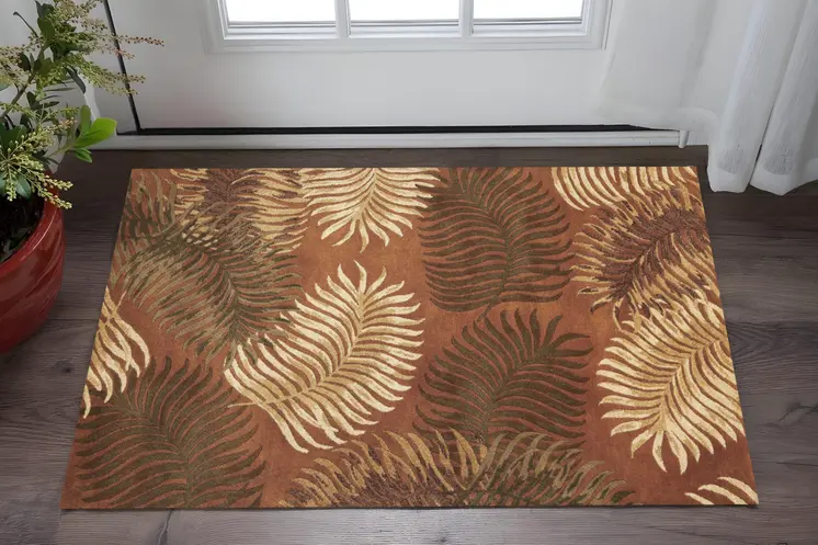 3' X 5' Rust Fern Leaves Wool Area Rug
