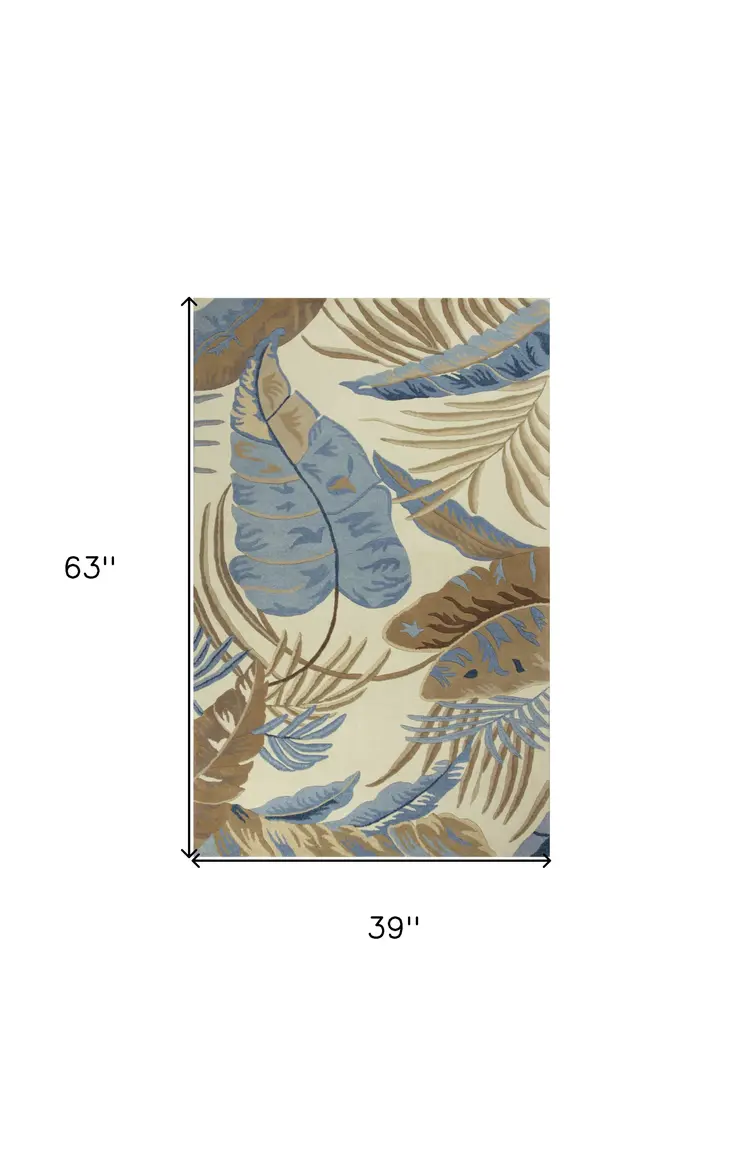 3' X 5' Ivory and Blue Wool Tropical Botanical Hand Tufted Area Rug
