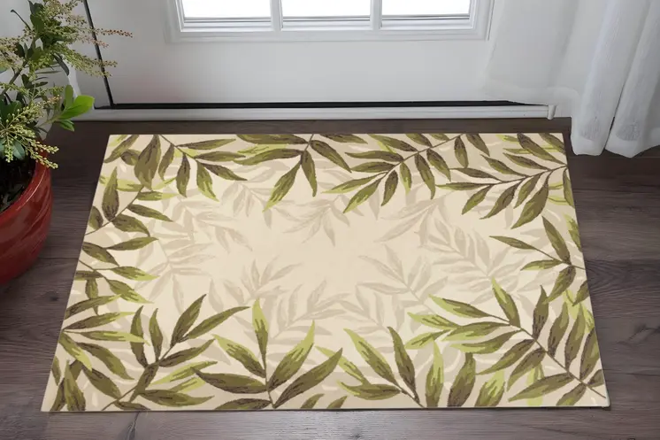 3' X 5' Ivory And Green Wool Botanical Leaves Hand Tufted Area Rug