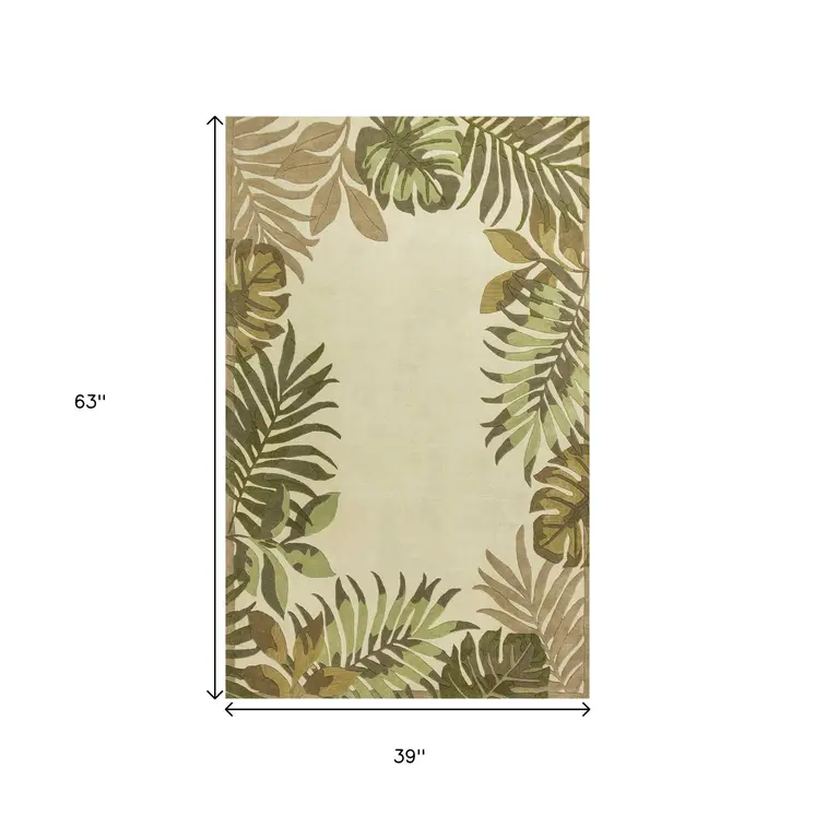 3' X 5' Ivory And Green Wool Botanical Leaves Hand Tufted Area Rug