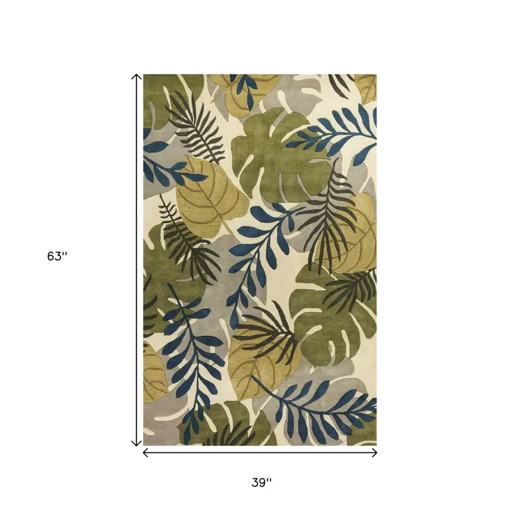 3' X 5' Ivory Leaves Wool Area Rug