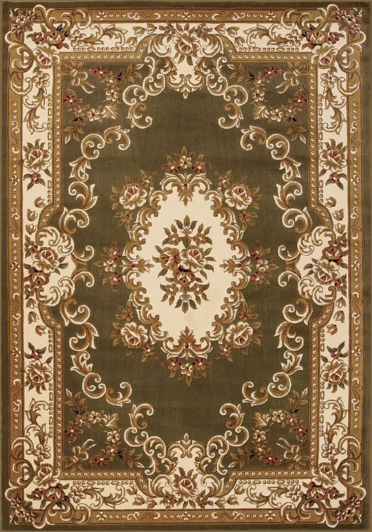 5' X 8' Green And Ivory Floral Medallion Area Rug