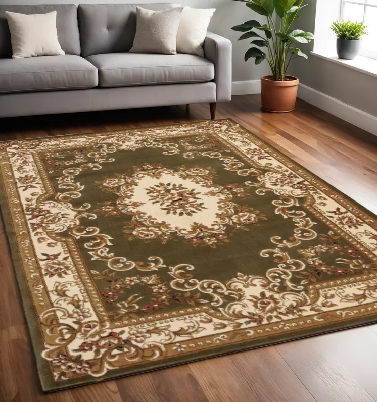 5' X 8' Green And Ivory Floral Medallion Area Rug