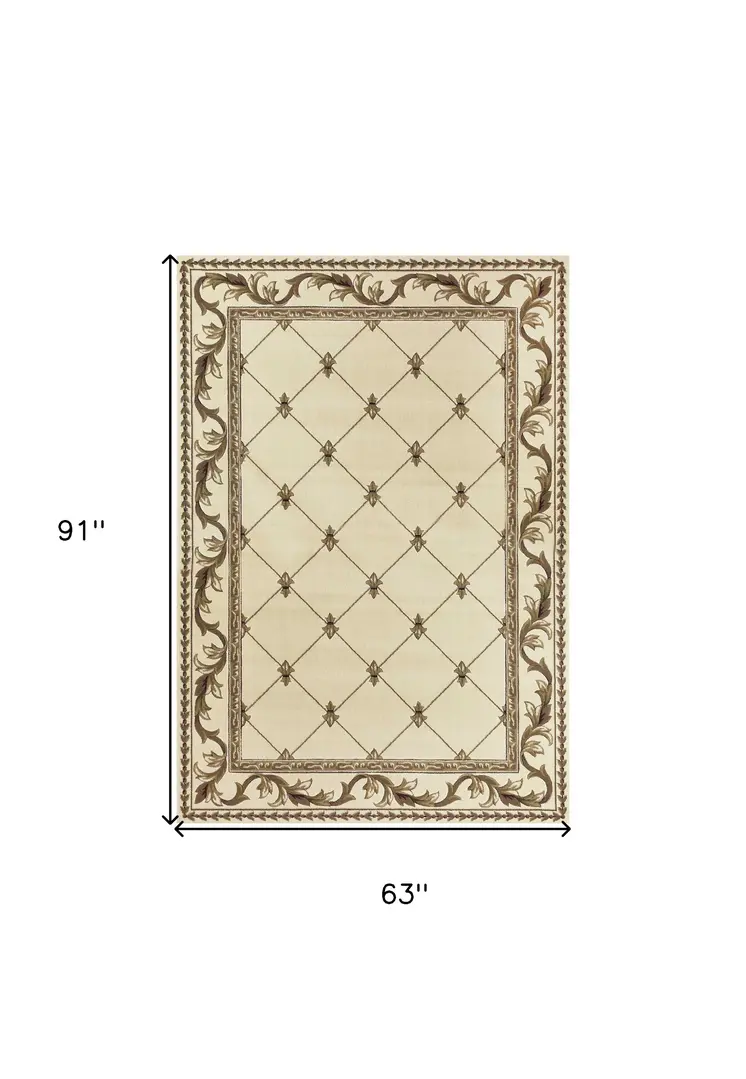 5' X 8' Ivory Machine Woven Hand Carved Fleur De Lis Indoor Area Rug