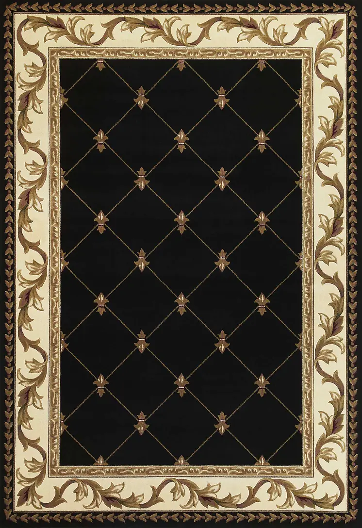 5' X 8' Black and Tan Fleur de Lis Diamond Border Area Rug