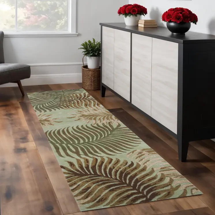 8' Aqua Blue Hand Tufted Tropical Leaves Indoor Runner Rug