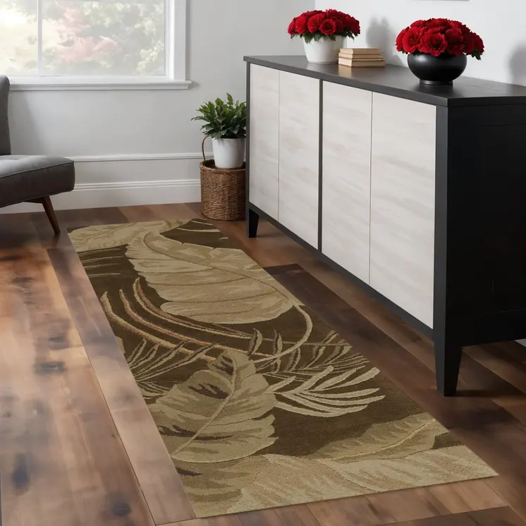 8' Mocha Brown Hand Tufted Tropical Leaves Indoor Runner Rug