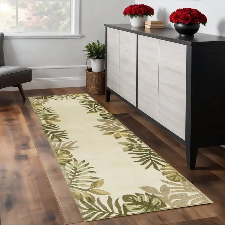 2' X 8' Ivory Leaves Bordered Wool Runner Rug