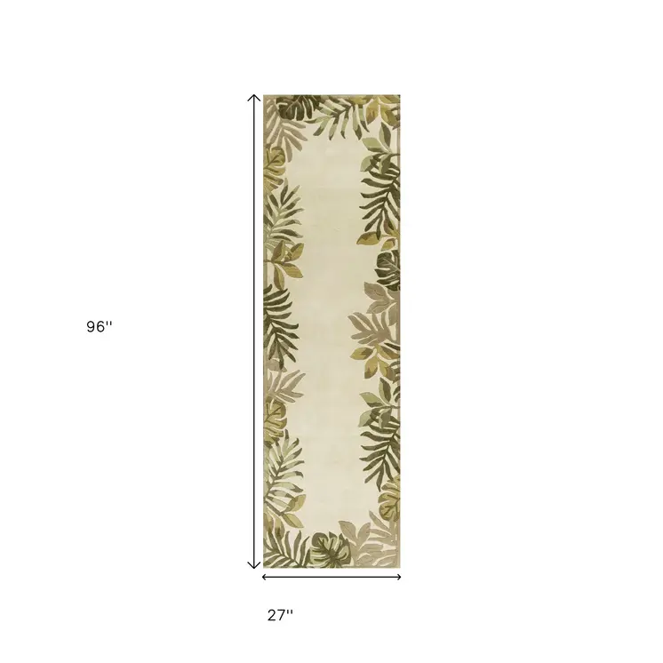 2' X 8' Ivory Leaves Bordered Wool Runner Rug