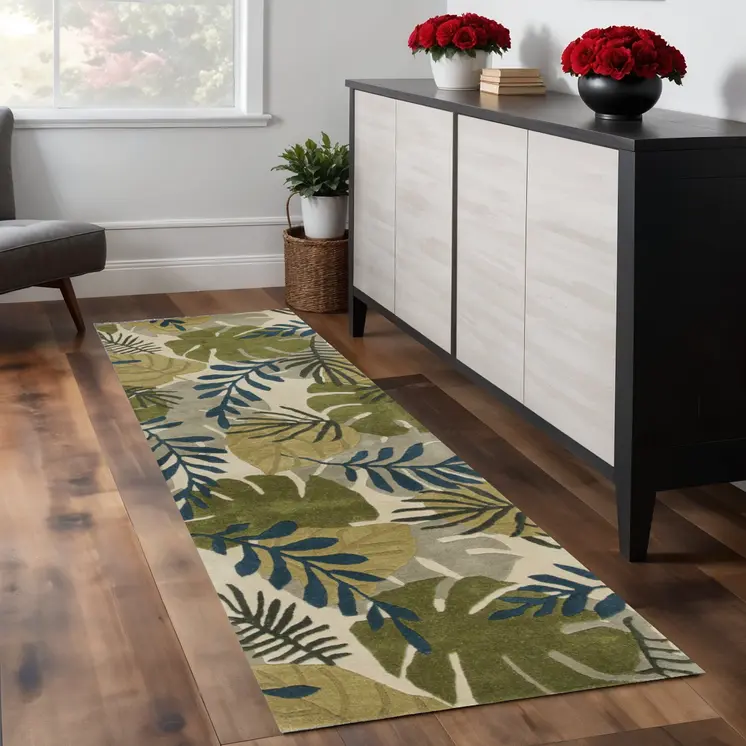 8' Ivory Hand Tufted Oversized Tropical Leaves Indoor Runner Rug