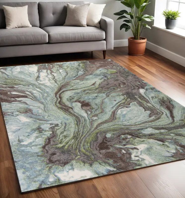 5' X 8' Blue And Brown Abstract Area Rug