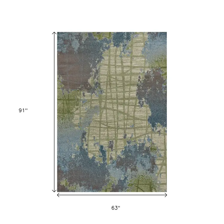 5' X 8' Blue And Green Abstract Area Rug