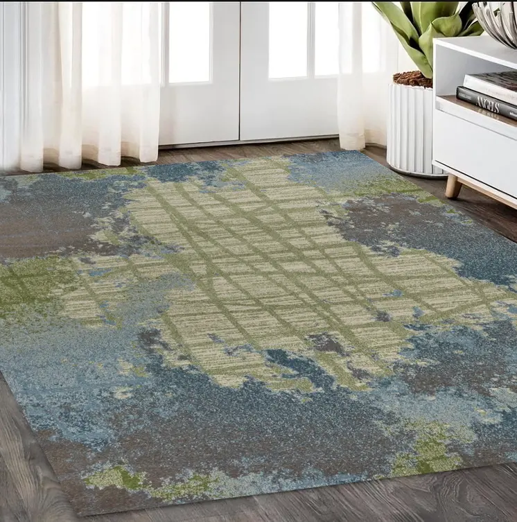 5' X 8' Blue And Green Abstract Area Rug
