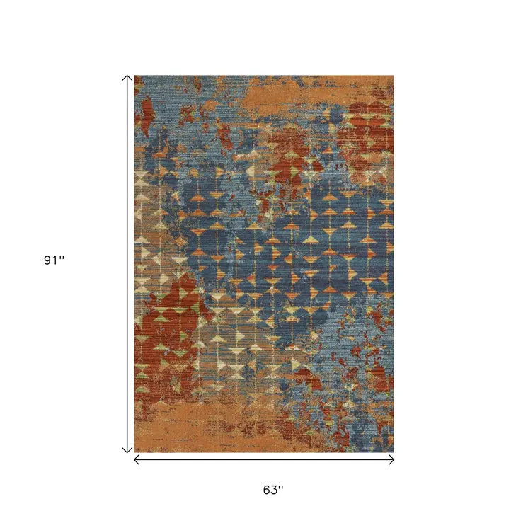 5' X 8' Blue And Coral Abstract Area Rug
