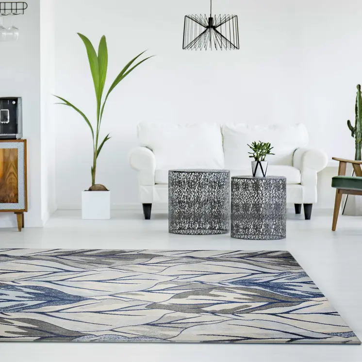 5' X 8' Gray And Navy Blue Tropical Botanical Area Rug