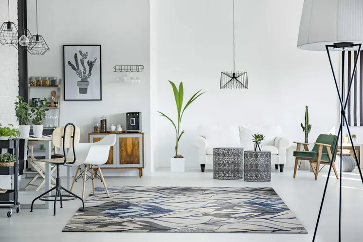 5' X 8' Gray And Navy Blue Tropical Botanical Area Rug