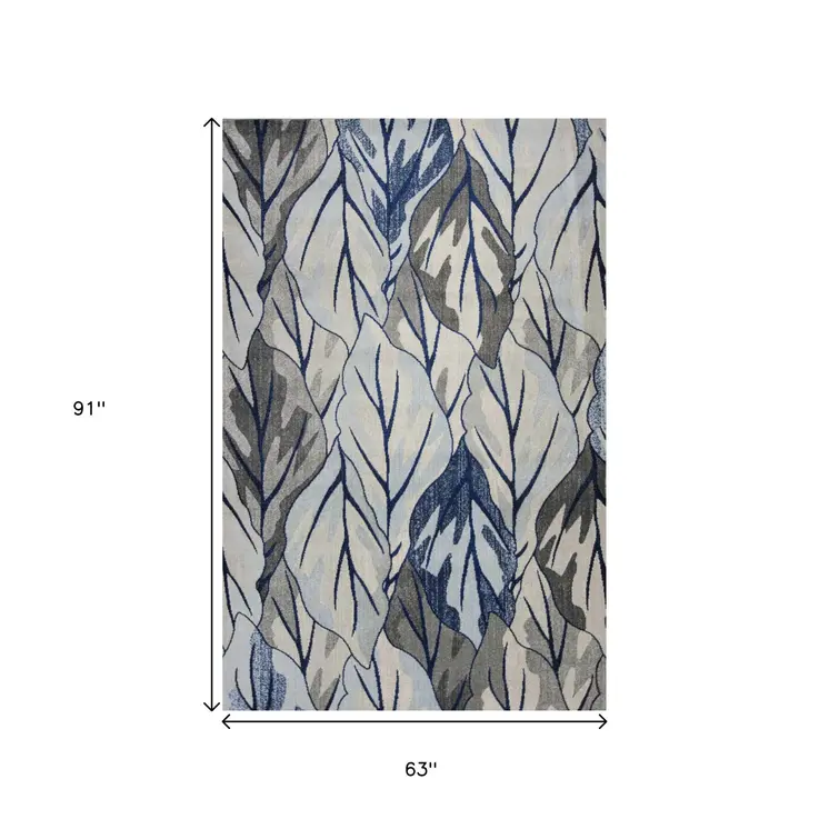 5' X 8' Gray And Navy Blue Tropical Botanical Area Rug