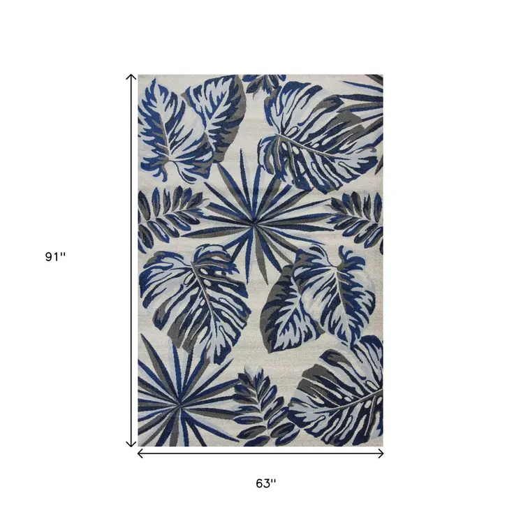 5' X 8' Gray And Blue Tropical Botanical Area Rug