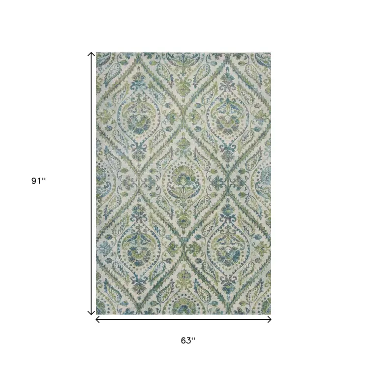 5' X 8' Ivory And Teal Tropical Floral Area Rug