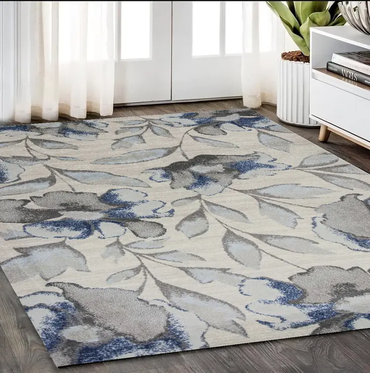 5' X 8' Gray And Blue Floral Area Rug