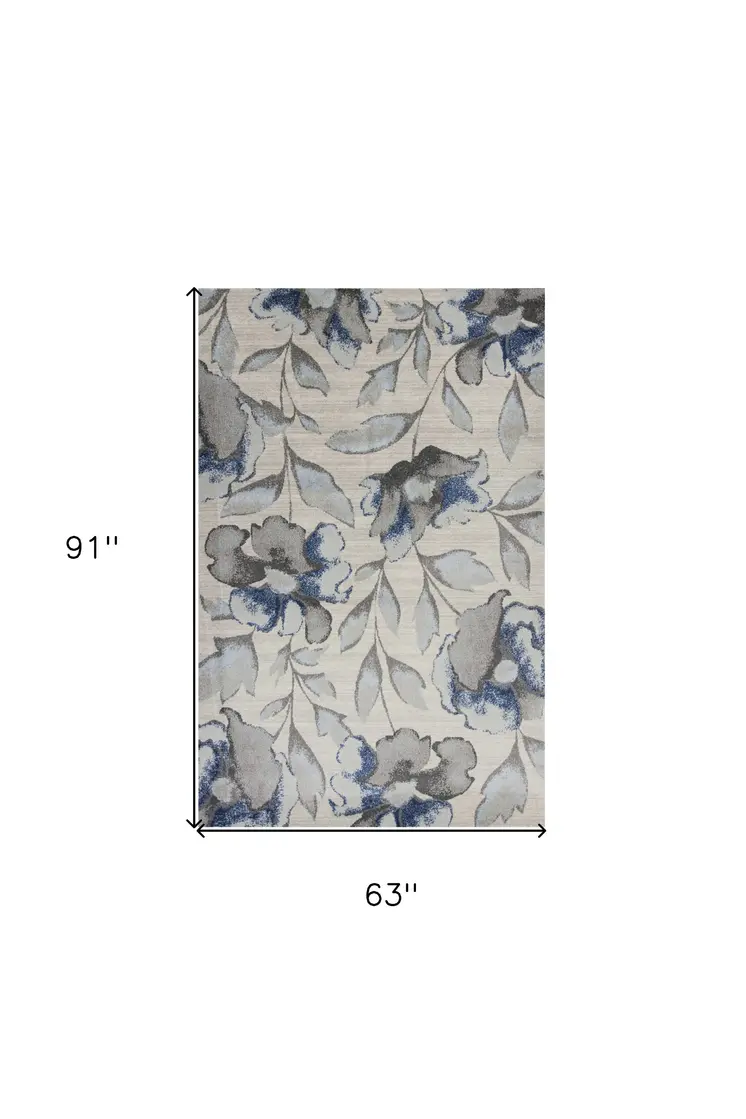 5' X 8' Gray And Blue Floral Area Rug