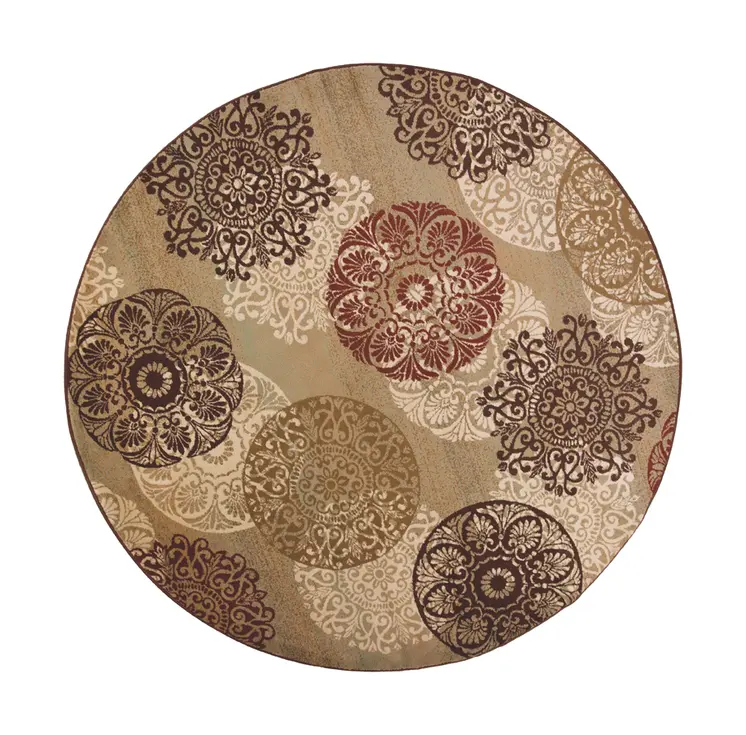 8' Sage Red And Black Floral Medallion Round Rug