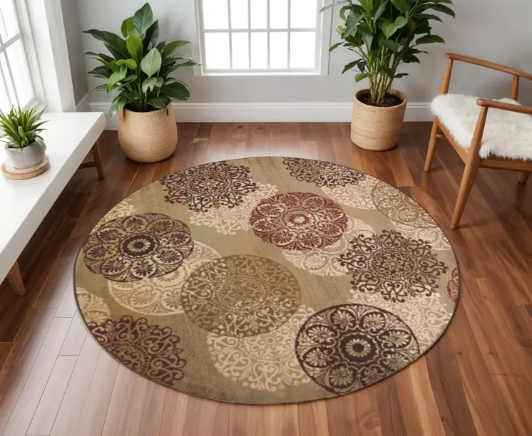 8' Sage Red And Black Floral Medallion Round Rug