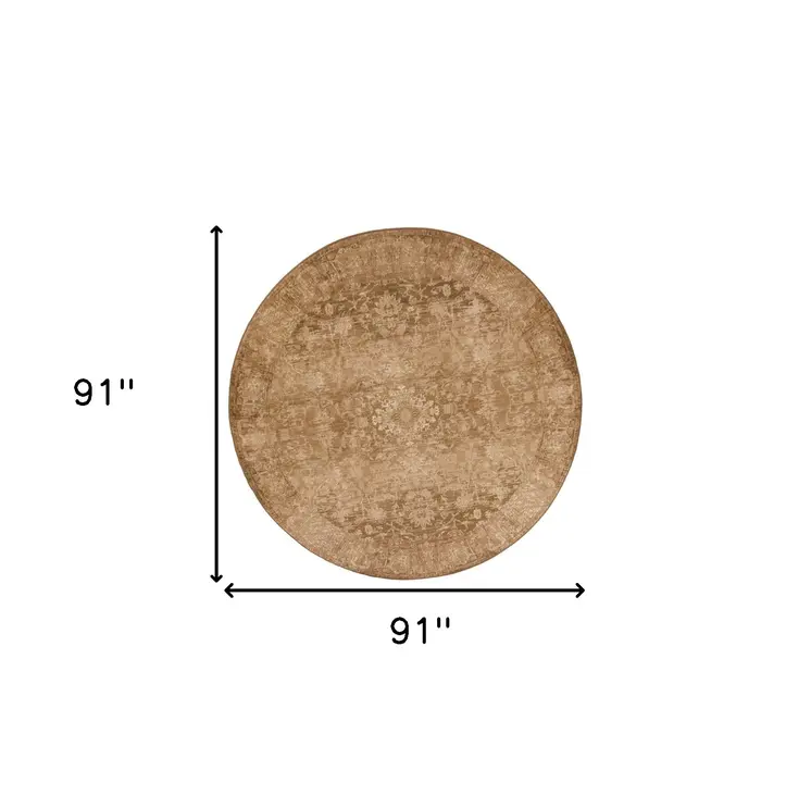 8' Beige And Pale Beige Floral Distressed Round Rug