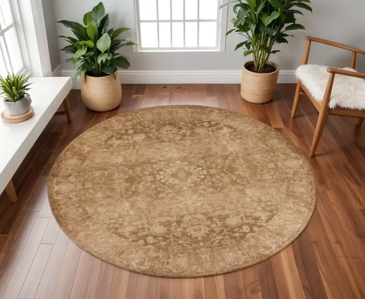 8' Beige And Pale Beige Floral Distressed Round Rug