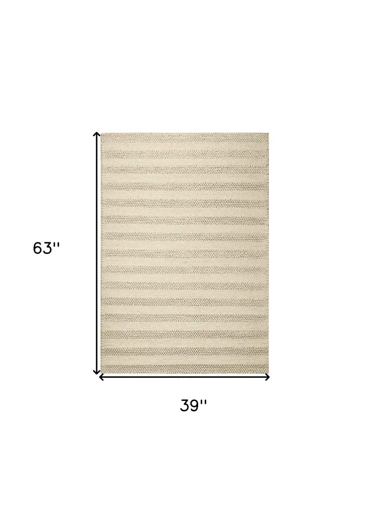 3' X 5' Ivory And White New Zealand Lambs Wool Striped Hand Woven Area Rug