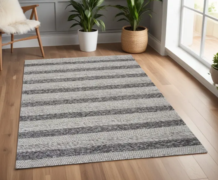 3' X 5' Gray And White New Zealand Lambs Wool Striped Hand Woven Area Rug