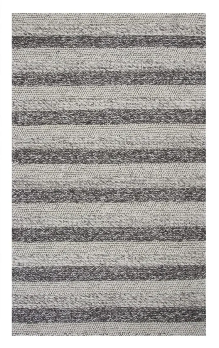 3' X 5' Gray And White New Zealand Lambs Wool Striped Hand Woven Area Rug