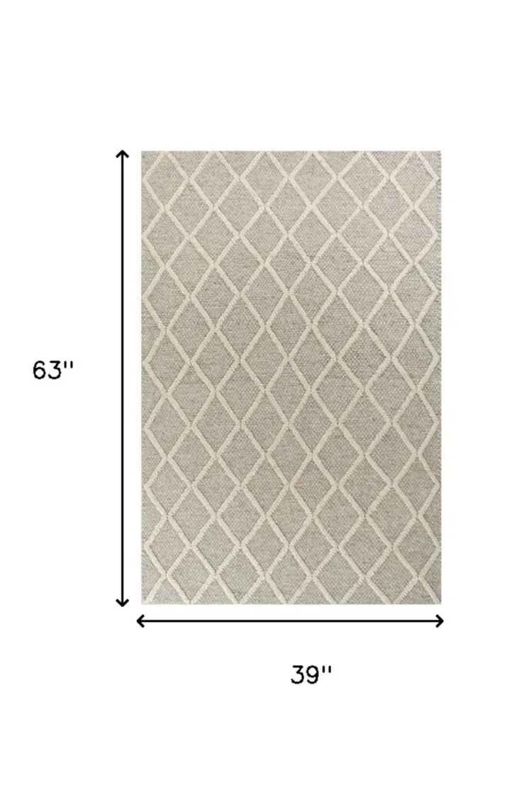 3' X 5' Gray And Ivory New Zealand Lambs Wool Diamond Area Rug