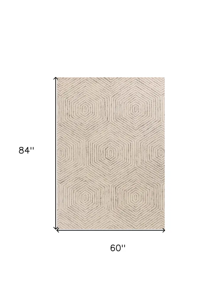 5' X 7' Ivory Geometric Hexagon Wool Indoor Area Rug