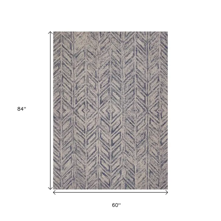 5' X 7' Blue And Beige Wool Abstract Hand Tufted Area Rug