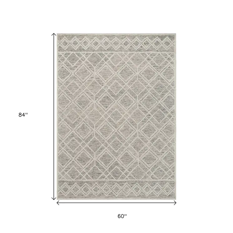5' X 7' Sand And Light Gray Wool Geometric Hand Hooked Area Rug