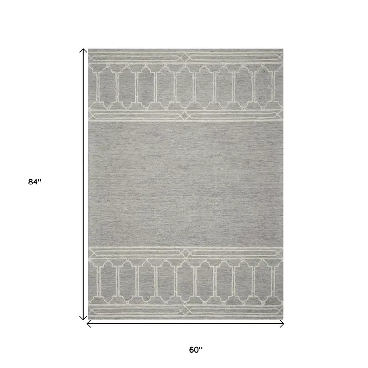 5' X 7' Gray And Ivory Wool Geometric Hand Hooked Area Rug
