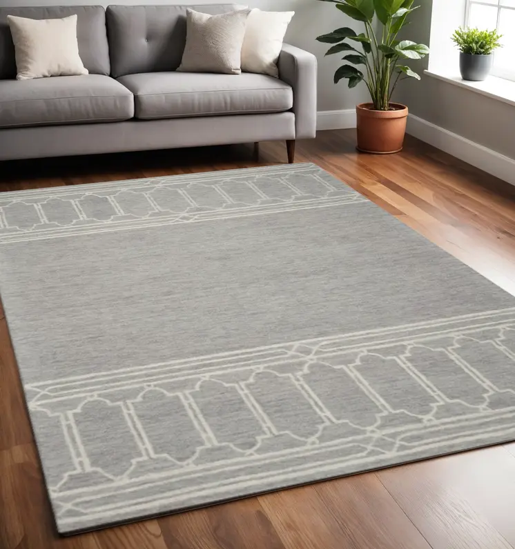 5' X 7' Gray And Ivory Wool Geometric Hand Hooked Area Rug
