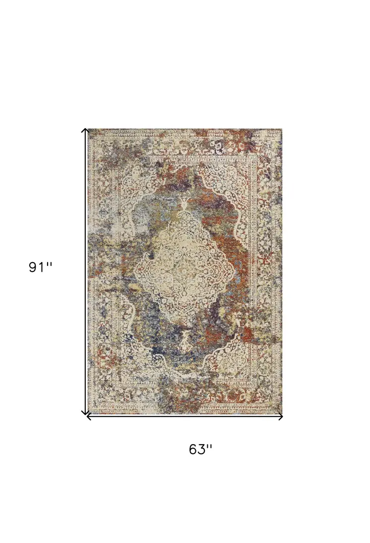 5' X 8' Ivory And Orange Medallion Area Rug