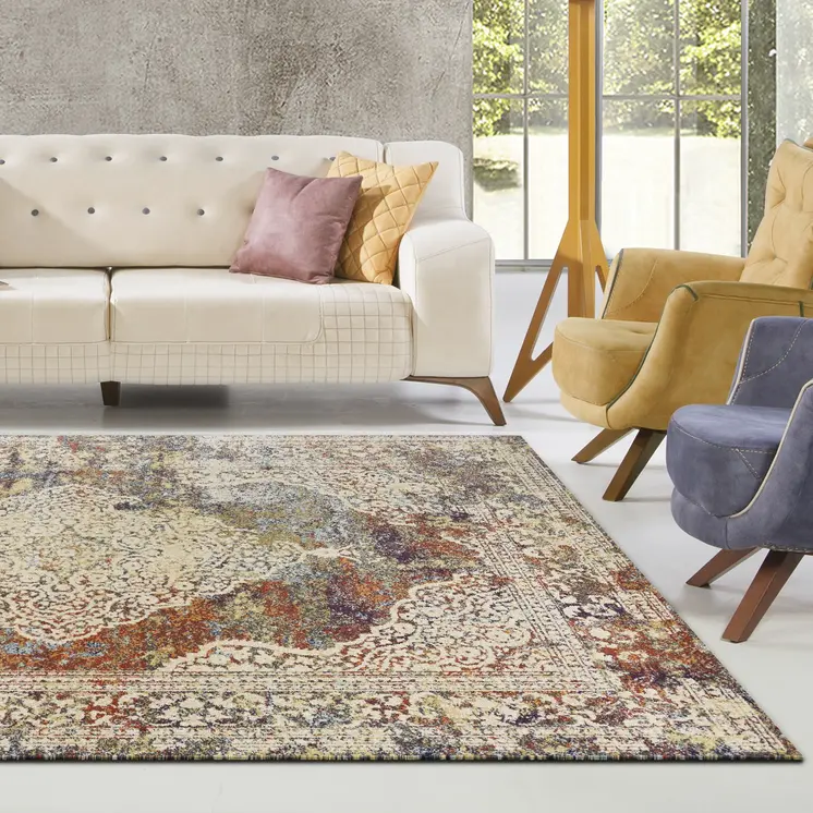 5' X 8' Ivory And Orange Medallion Area Rug