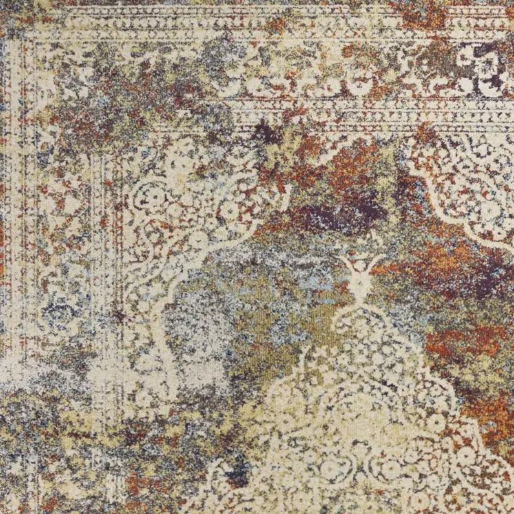 5' X 8' Ivory And Orange Medallion Area Rug