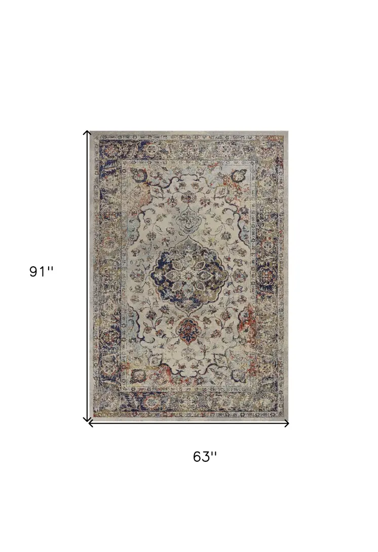 5' X 8' Ivory Floral Medallion Area Rug