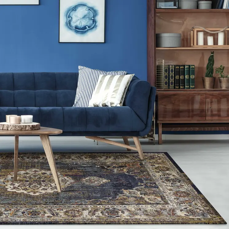 5' X 8' Navy Gold and Ivory Floral Medallion Area Rug