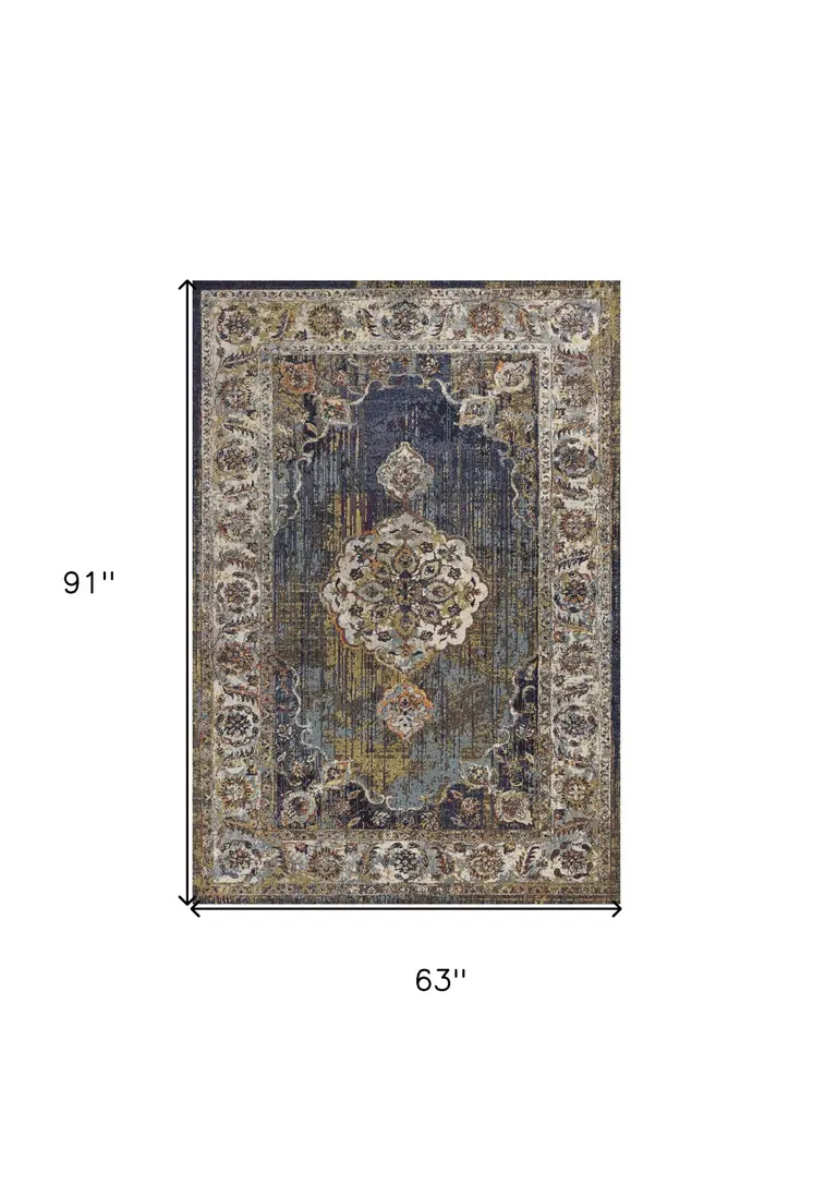 5' X 8' Navy Gold and Ivory Floral Medallion Area Rug