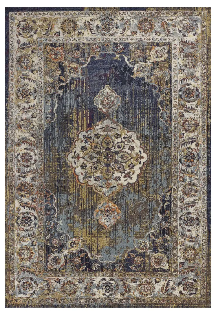 5' X 8' Navy Gold and Ivory Floral Medallion Area Rug