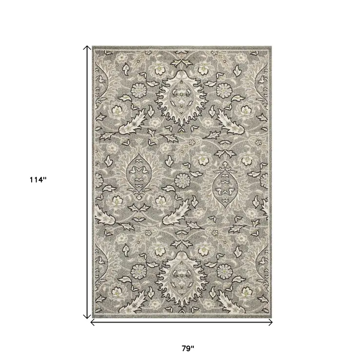 7' X 9' Gray and Ivory Floral Vines Area Rug With UV Protection