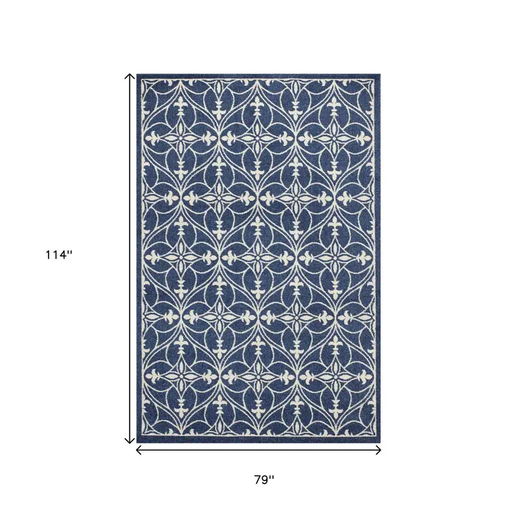 7' X 9' Denim Blue And Ivory Trellis Area Rug