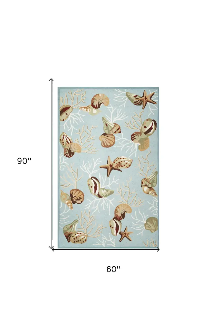 5' X 7' Blue And Beige Seashell and Coral Hand Hooked Area Rug
