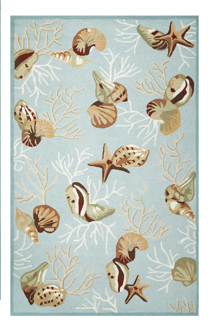 5' X 7' Blue And Beige Seashell and Coral Hand Hooked Area Rug