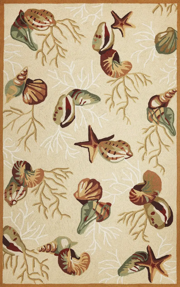 5' X 7' Beige And Brown Seashell and Coral Hand Hooked Area Rug